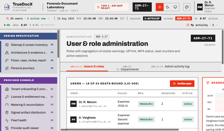 User and role administration — seats by role, separation-of-duties warnings, reason-coded changes.