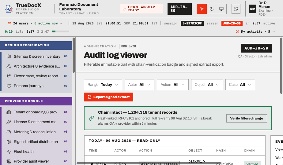 Read-only audit ledger: hash-linked entries, chain status and signed extracts for disclosure.