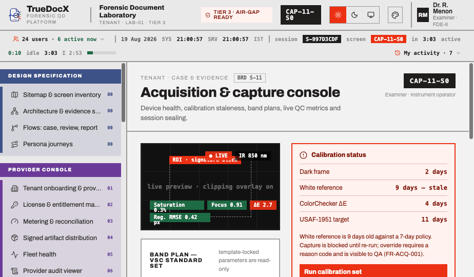 Stage 02 — acquisition console: device health, calibration staleness and live QC per session.