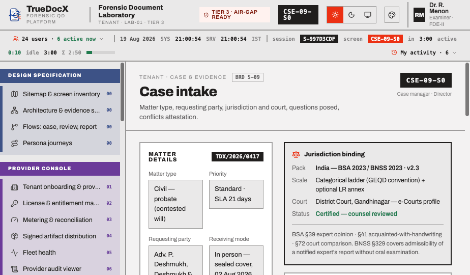 Case intake — matter type, jurisdiction and court, questions posed, conflicts attestation.