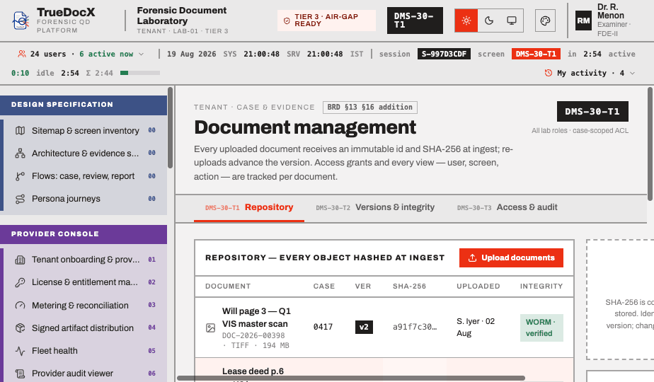 Document identity — SHA-256 at ingest, version chain and per-document access trail.