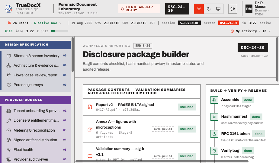 Stage 06 — disclosure package builder: contents, hash manifest and production log.