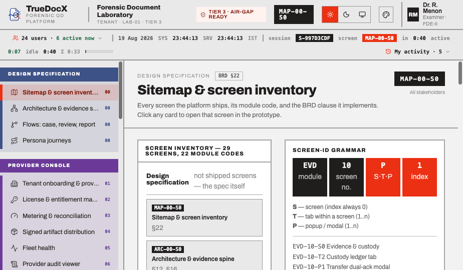 Screen inventory — every screen the platform ships, with its module code and BRD clause.