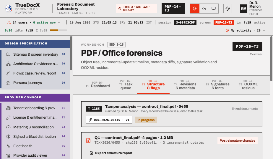 PDF / Office forensics — incremental-update timeline and post-signature change flags.