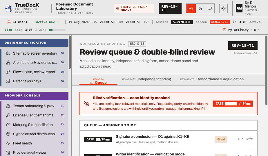 Stage 05 — review queue with case identity masked; first conclusions withheld until submission.