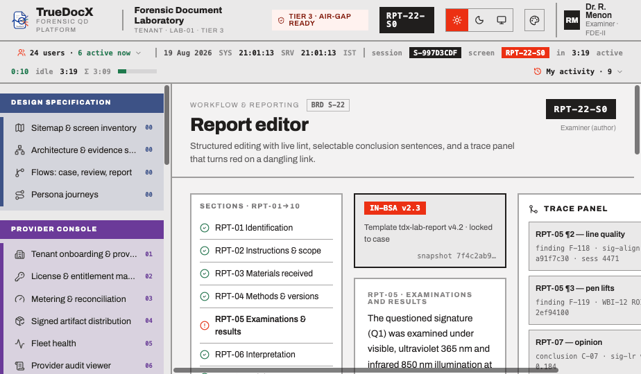 Stage 06 — report editor: graded conclusions, figures with microcaptions and method disclosures.