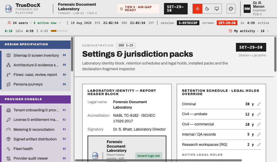 Retention schedules, legal holds and the laboratory identity block that heads every report.