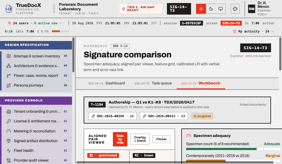 Signature comparison — aligned pair viewer with specimen adequacy and feature grid.