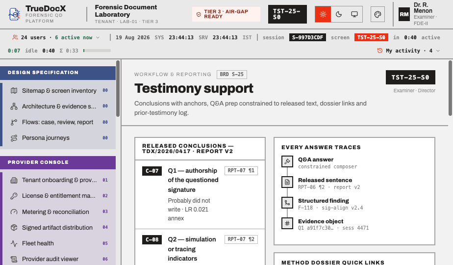 Testimony support — released conclusions with their answer traces and method dossiers.