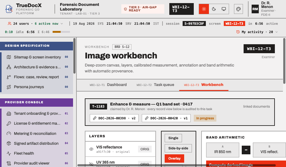 Image workbench — layers, calibrated measurement and band arithmetic on a deep-zoom canvas.