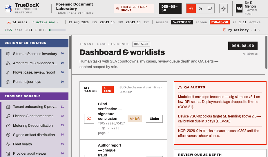 TrueDocX tenant console — dashboard & worklists